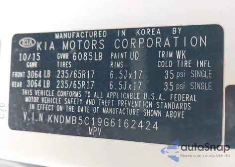 2016 Kia Sedona Lx from USA, damaged, VIN KNDMB5C19G6162424